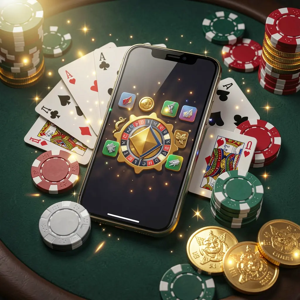 899OK mobile gaming application concept showing a smartphone surrounded by playing cards, roulette chips, gold coins, and sparkling lights in a premium casino style