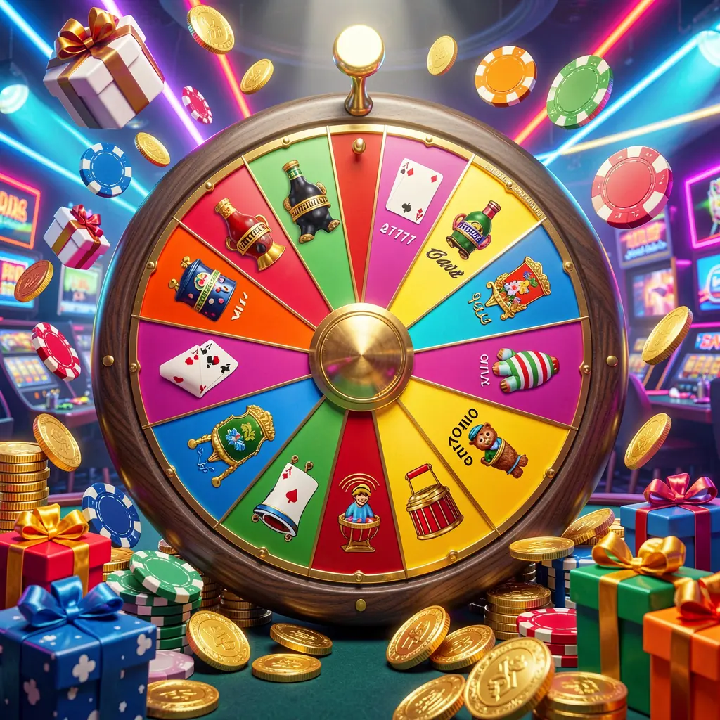 899OK casino bonus wheel with colorful prize sections surrounded by golden coins, chips, and gift boxes under bright neon casino lights in a dynamic composition