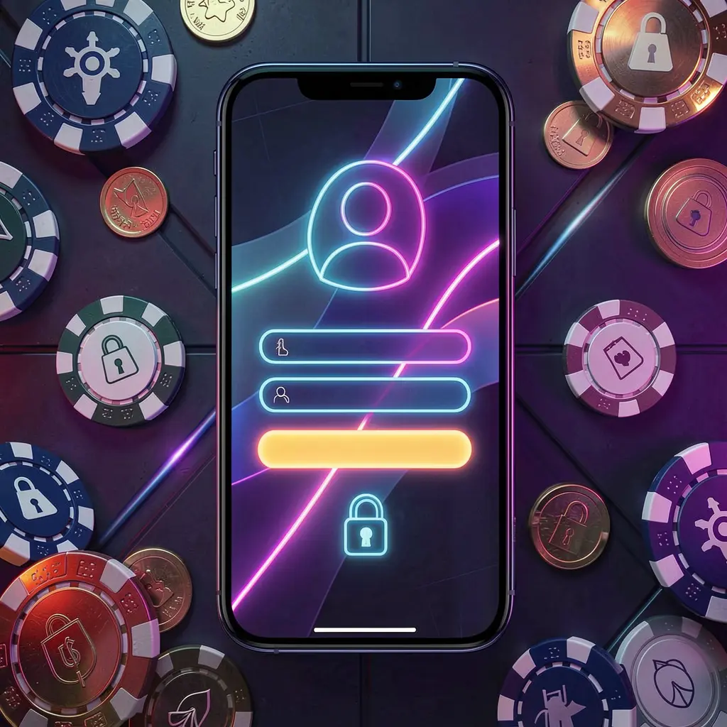 899OK mobile gaming login page concept showing a smartphone with an abstract login interface featuring user and lock icons, surrounded by casino chips and coins under luxury neon lighting