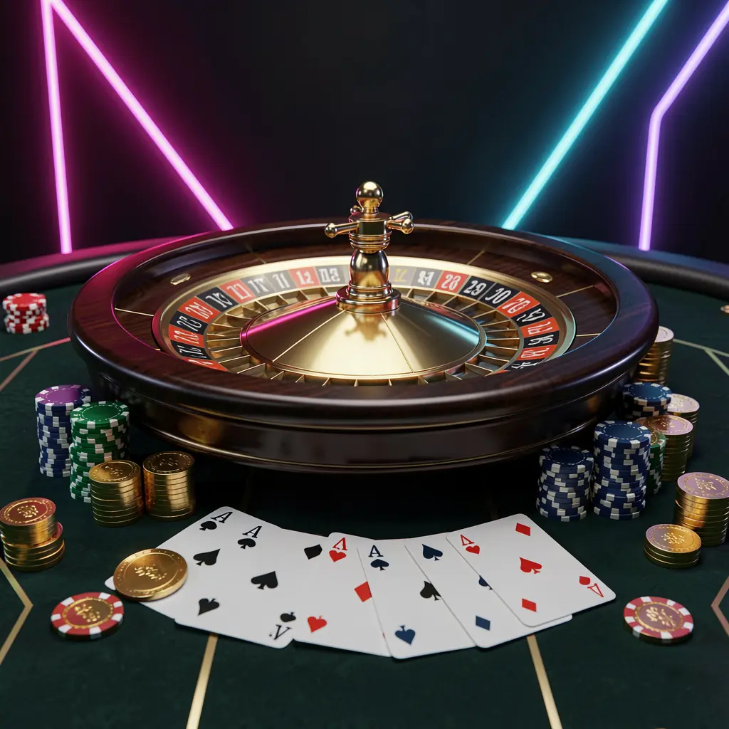 899OK online casino homepage hero banner featuring a luxury casino table with a roulette wheel, poker chips, playing cards, and golden coins on a dark premium background with neon glow in a cinematic 3D render